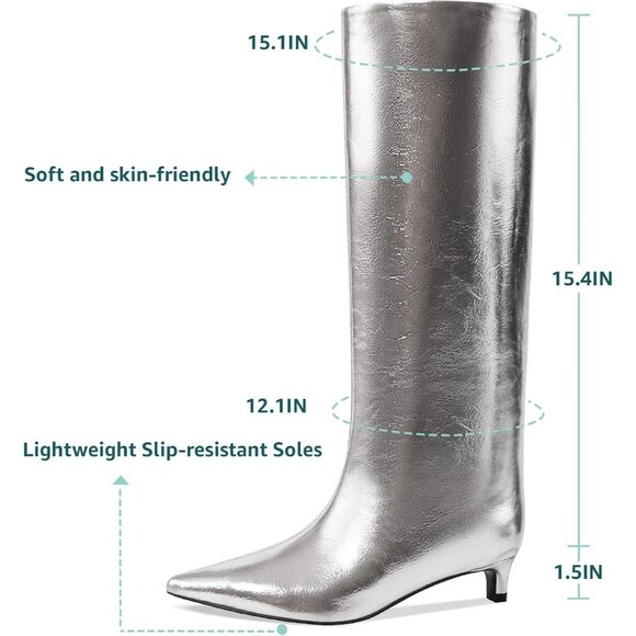⚡Women's Silver Knee High Boots 1.5-in Stiletto Low Heel Pull On Pointed Toe - Picture 5 of 9